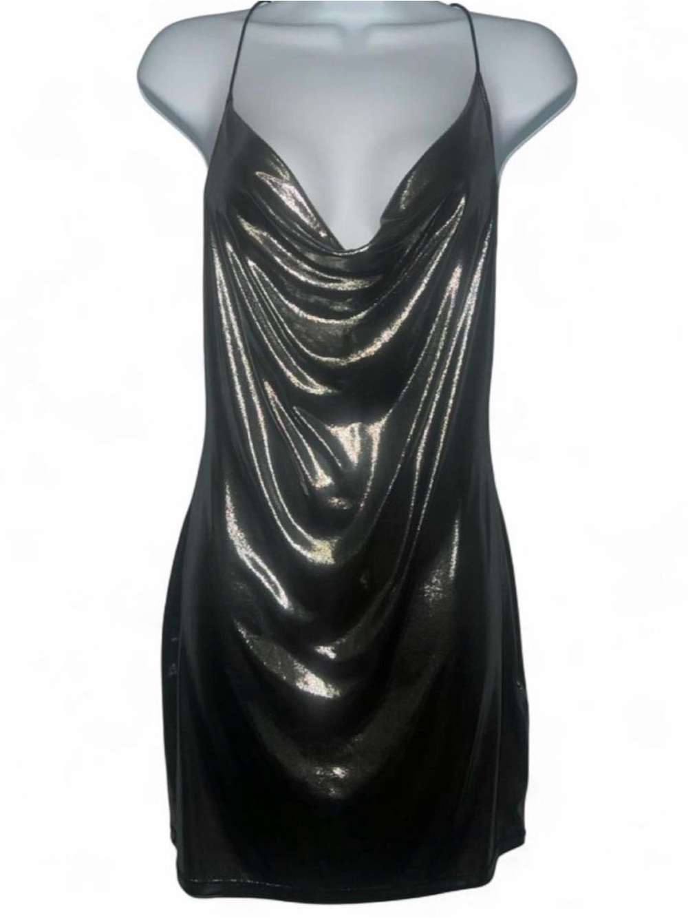Divided Metallic Silver Cowl Neck Mini Party Dress